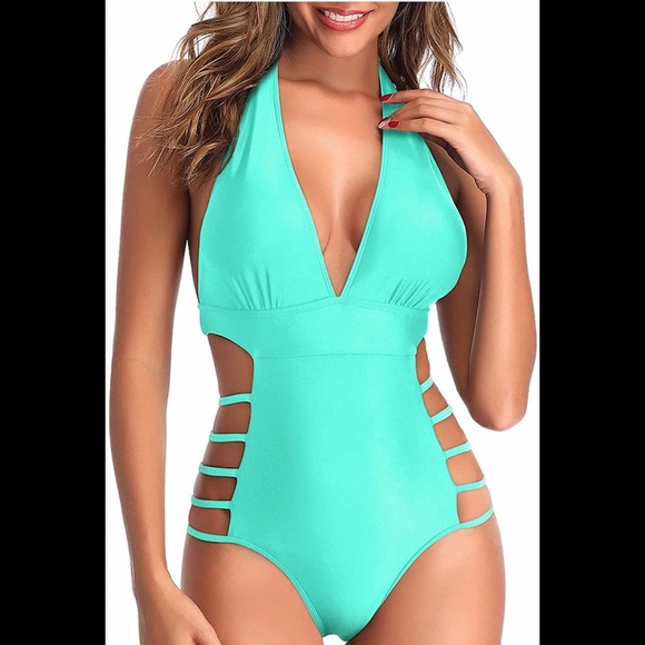 🍍Tempt Me Plunge V Neck One Piece Halter Open Back High Leg Cutout Swimwear - Picture 5 of 5